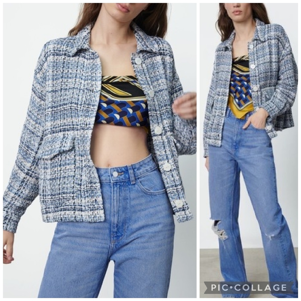 Zara Blue Plaid Tweed Textured Weave Relaxed Fit Overshirt Blazer Jacket Large